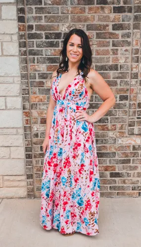 BLUSHING FLORAL MAXI LENGTH DRESS  SIZES LEFT  M.