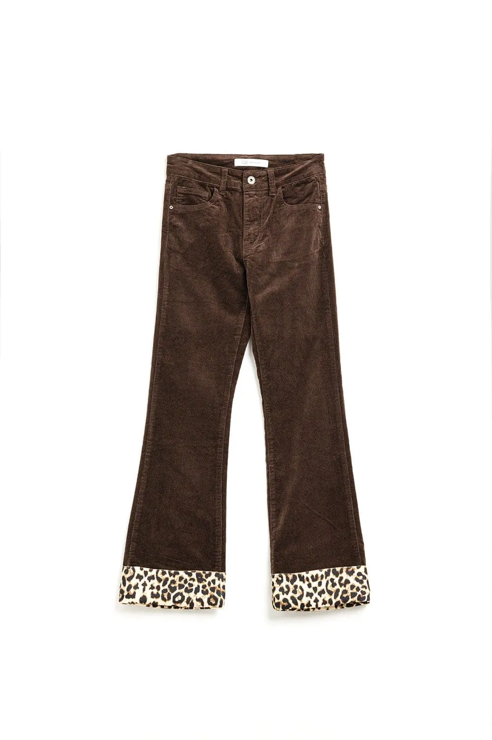 Brown Corduroy Flare Pants With Leopard Print At The Bottom
