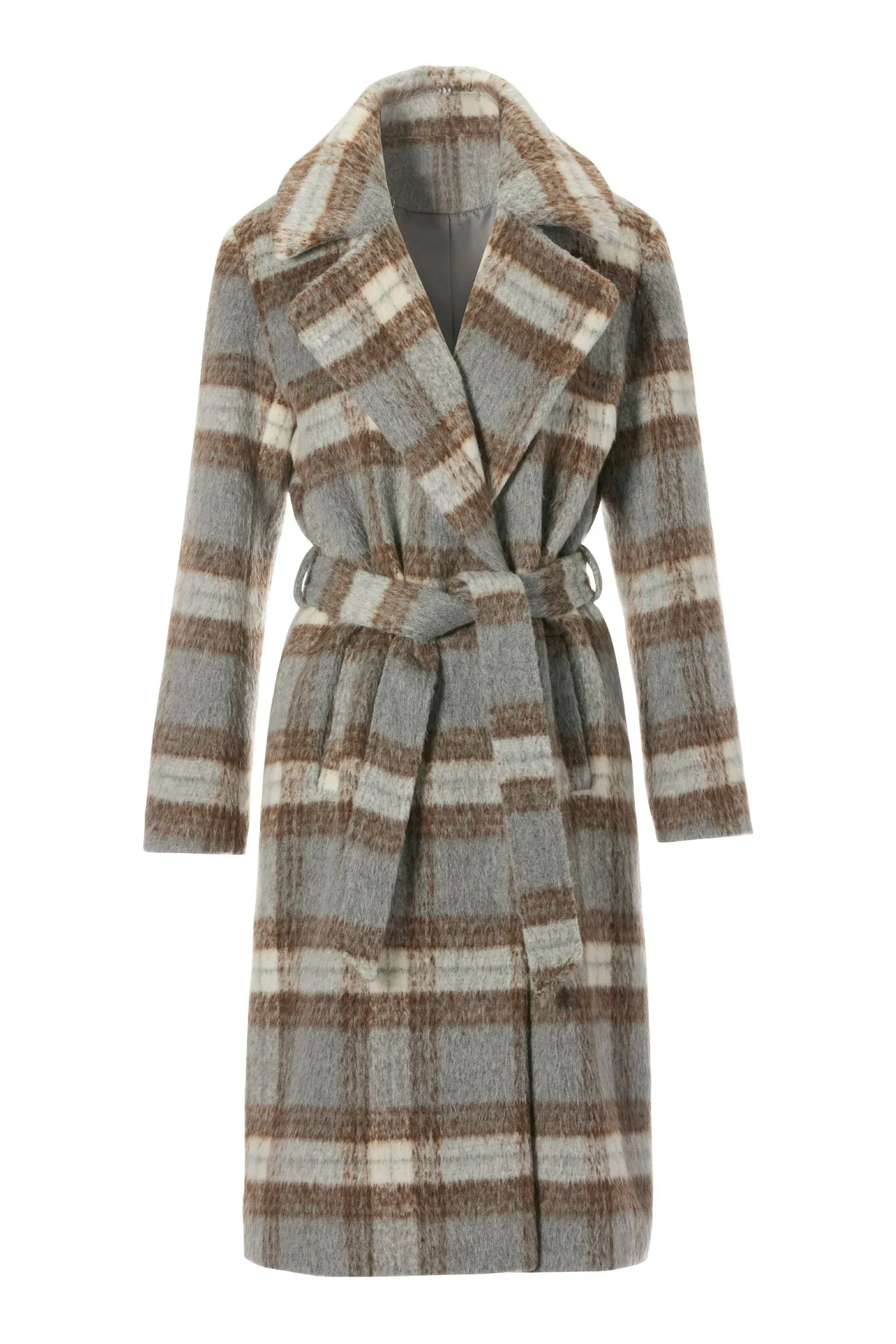 Faux Fur Trim Plaid Coat Gray Multi