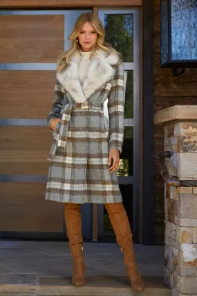 Faux Fur Trim Plaid Coat Gray Multi