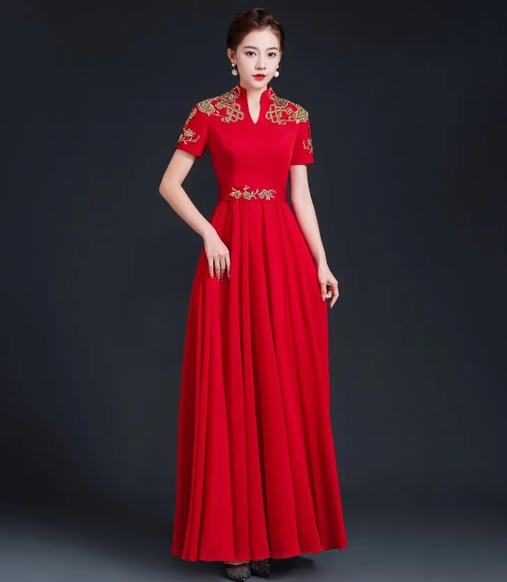 Floral Embroidery Short Sleeve Pleated Skirt Full Length Chinese Prom Dress