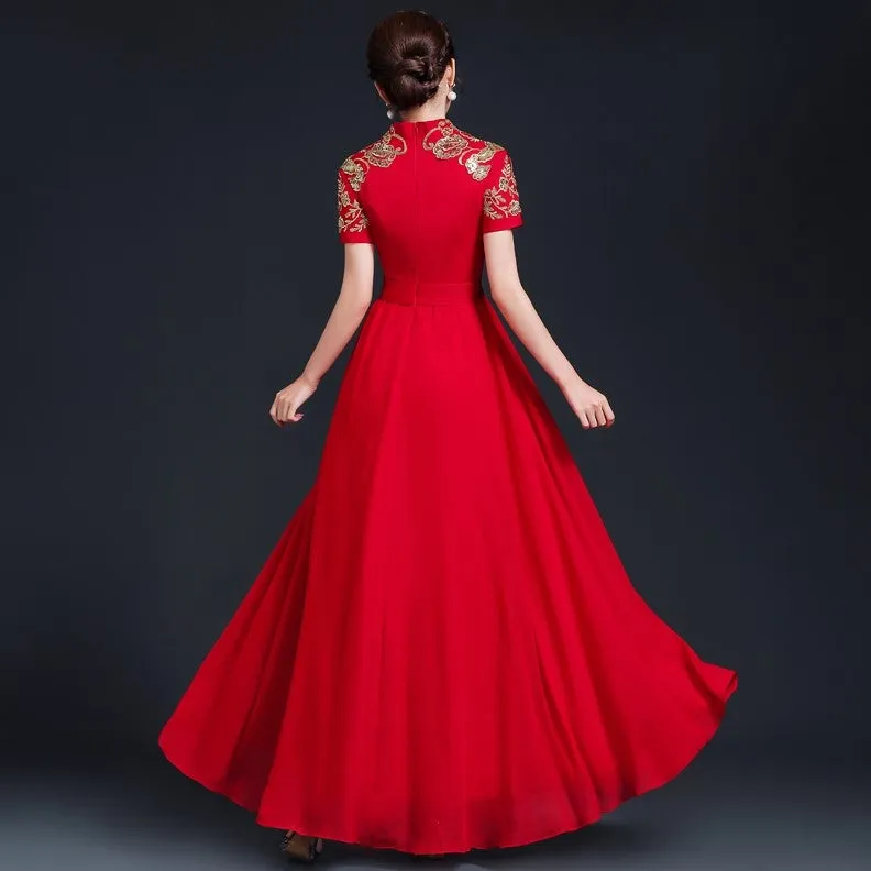 Floral Embroidery Short Sleeve Pleated Skirt Full Length Chinese Prom Dress