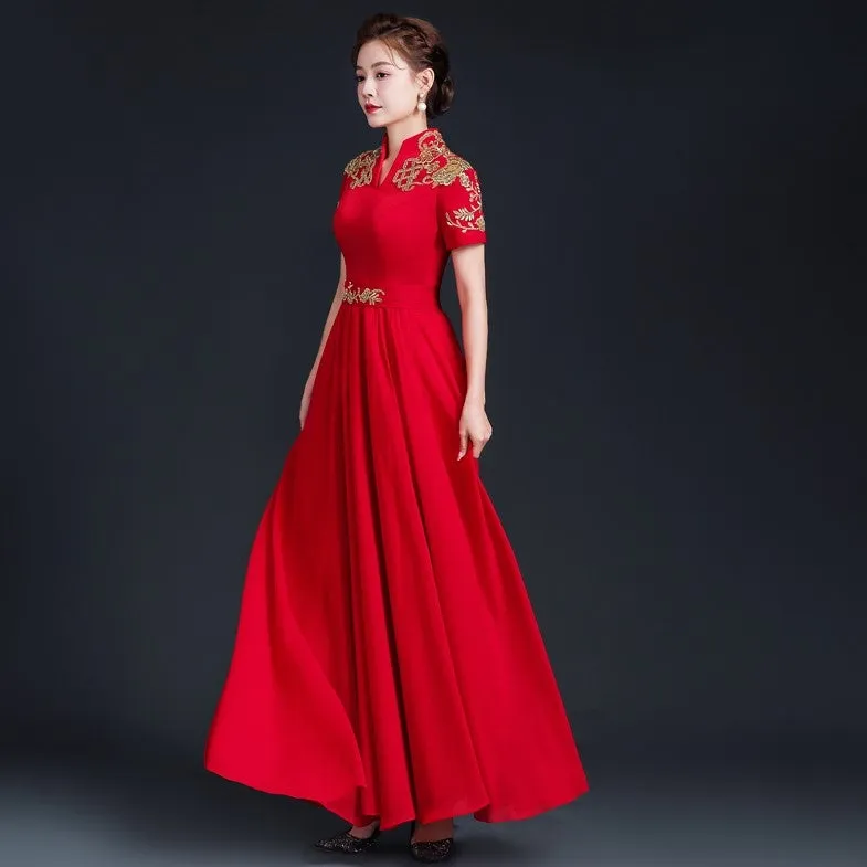Floral Embroidery Short Sleeve Pleated Skirt Full Length Chinese Prom Dress
