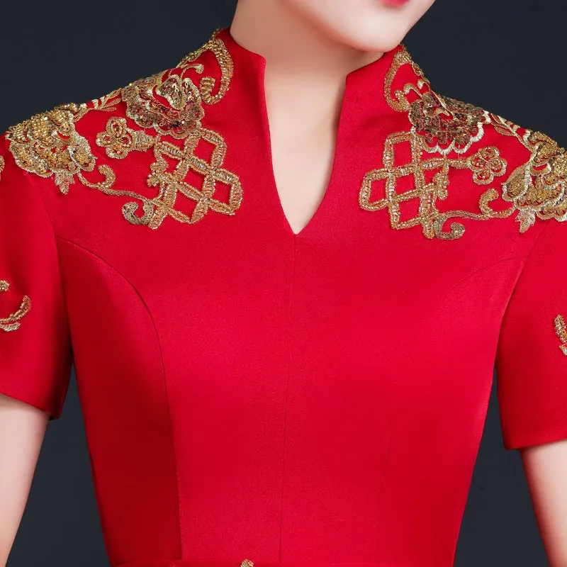 Floral Embroidery Short Sleeve Pleated Skirt Full Length Chinese Prom Dress