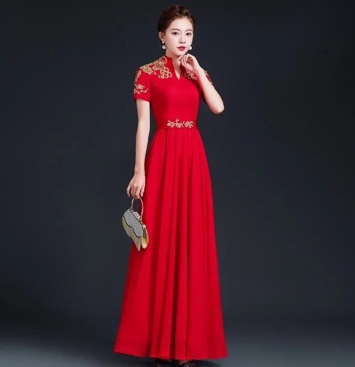 Floral Embroidery Short Sleeve Pleated Skirt Full Length Chinese Prom Dress