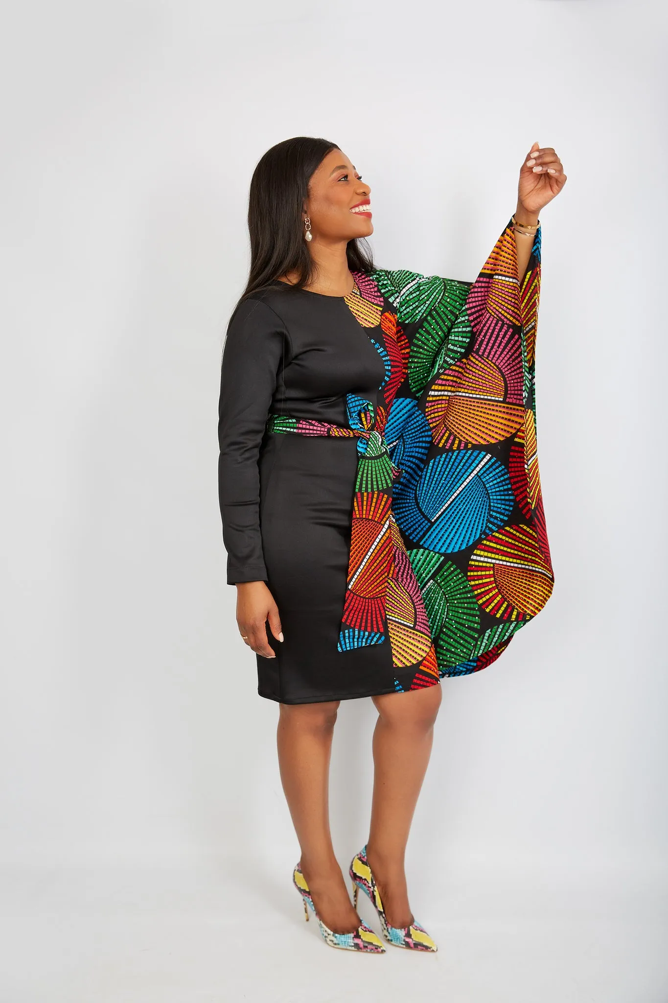 Fully Embellished Mixed Print Ankara Fitted Combo Dress - Dumebi