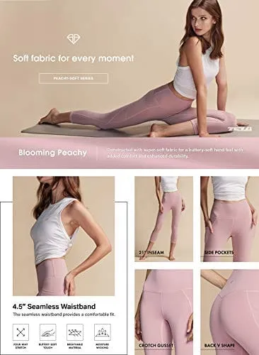 TSLA High Waist Yoga Pants with Pockets, Tummy Control Yoga Leggings, Non See-Through Workout Running Tights, Capris Pocket Peachy Pink Beige