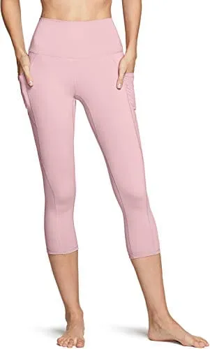 TSLA High Waist Yoga Pants with Pockets, Tummy Control Yoga Leggings, Non See-Through Workout Running Tights, Capris Pocket Peachy Pink Beige