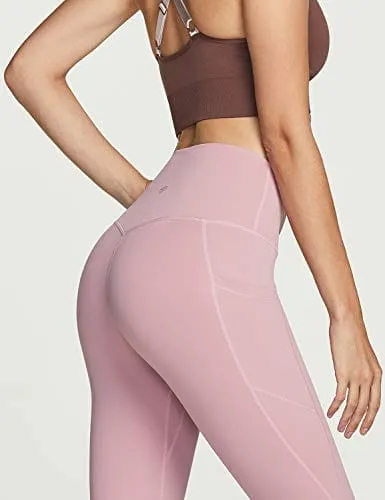 TSLA High Waist Yoga Pants with Pockets, Tummy Control Yoga Leggings, Non See-Through Workout Running Tights, Capris Pocket Peachy Pink Beige