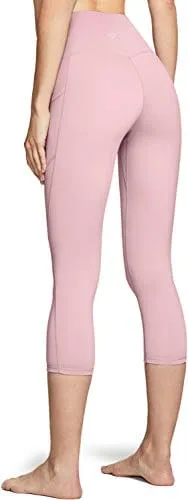 TSLA High Waist Yoga Pants with Pockets, Tummy Control Yoga Leggings, Non See-Through Workout Running Tights, Capris Pocket Peachy Pink Beige