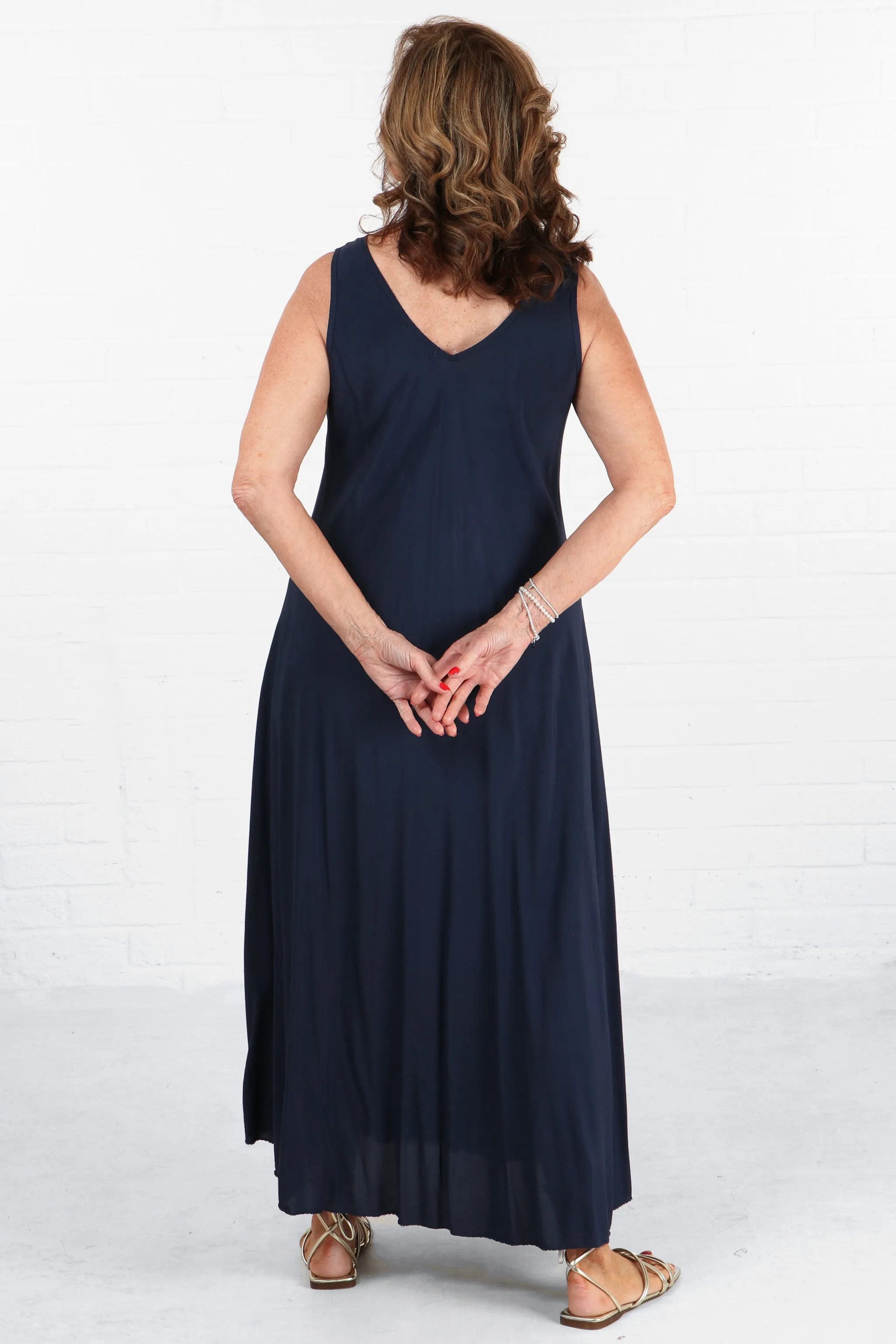 V-Neck Maxi Trapeze Dress in Navy Blue