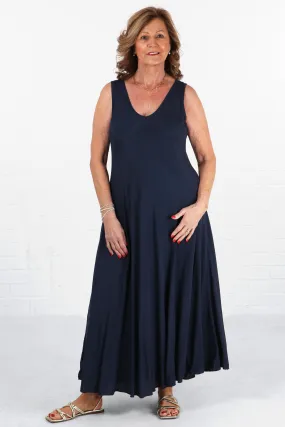 V-Neck Maxi Trapeze Dress in Navy Blue