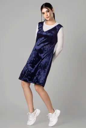 Womens Blue Velvet Bodycon Pinafore Dress